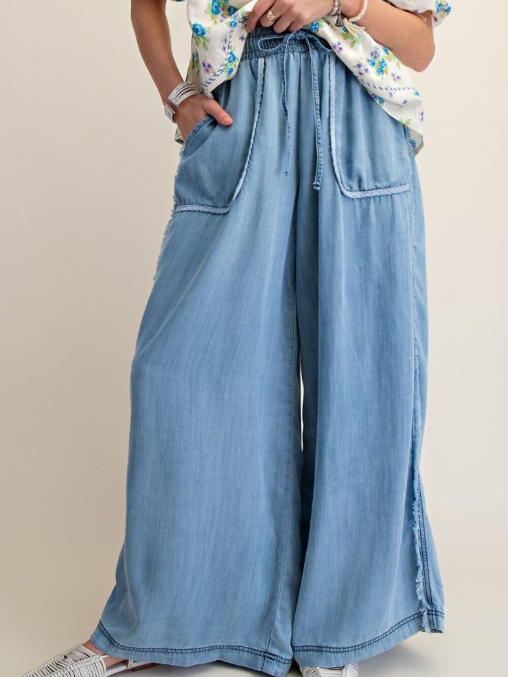 WASHED CHAMBRAY PLUS SIZE 100% TENCEL PALAZZO PANTS
